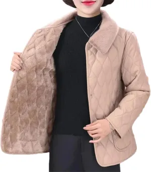 Women Quilted Lapel Pockets Plush Jacket Loose Classic Warm Single Breasted Cotton-Padded Coat