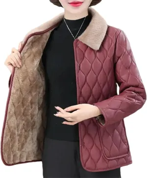 Women Quilted Lapel Pockets Plush Jacket Loose Classic Warm Single Breasted Cotton-Padded Coat