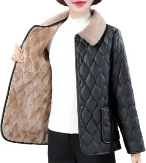 Women Quilted Lapel Pockets Plush Jacket Loose Classic Warm Single Breasted Cotton-Padded Coat