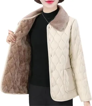 Women Quilted Lapel Pockets Plush Jacket Loose Classic Warm Single Breasted Cotton-Padded Coat