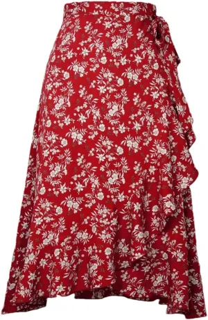 Women Summer Lace-Up High Waist Floral Print Skirt Beach Boho Irregular A Line Midi Skirts