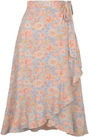 Women Summer Lace-Up High Waist Floral Print Skirt Beach Boho Irregular A Line Midi Skirts