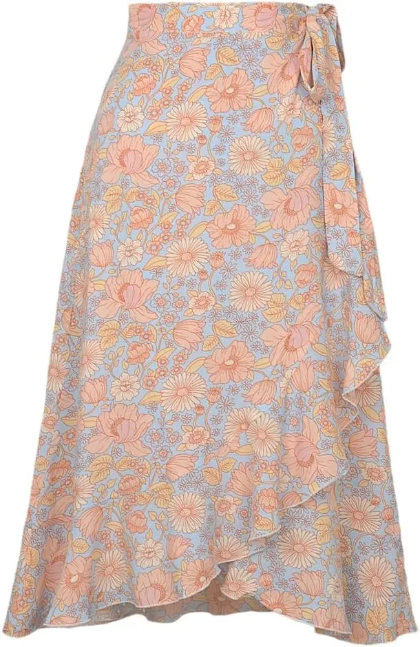 Women Summer Lace-Up High Waist Floral Print Skirt Beach Boho Irregular A Line Midi Skirts