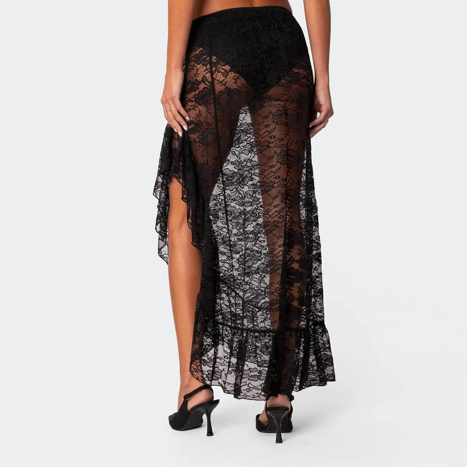 Women Y2k Lace Long Skirts High Waist Ruffle Hem Maxi Skirt Sexy See Through High Slit Flowy Skirts