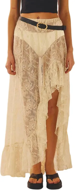 Women Y2k Lace Long Skirts High Waist Ruffle Hem Maxi Skirt Sexy See Through High Slit Flowy Skirts