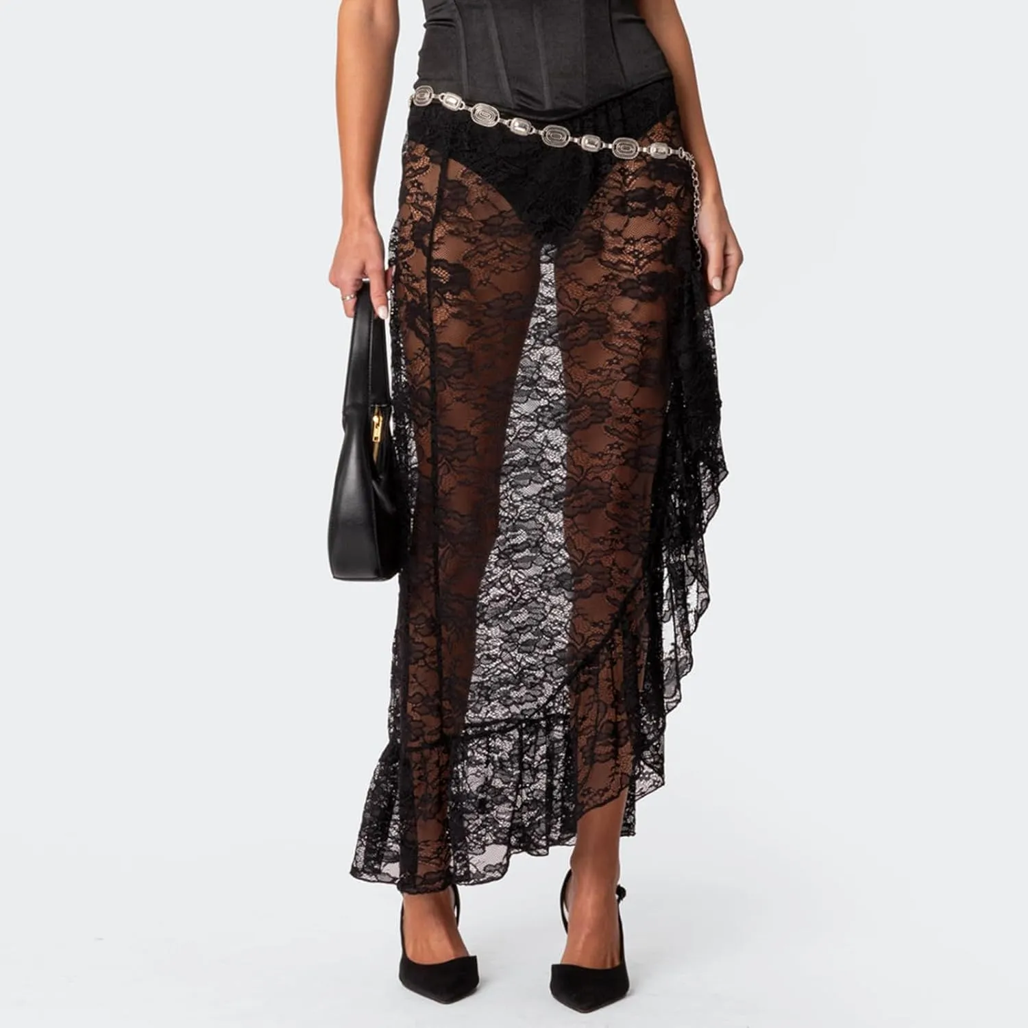 Women Y2k Lace Long Skirts High Waist Ruffle Hem Maxi Skirt Sexy See Through High Slit Flowy Skirts