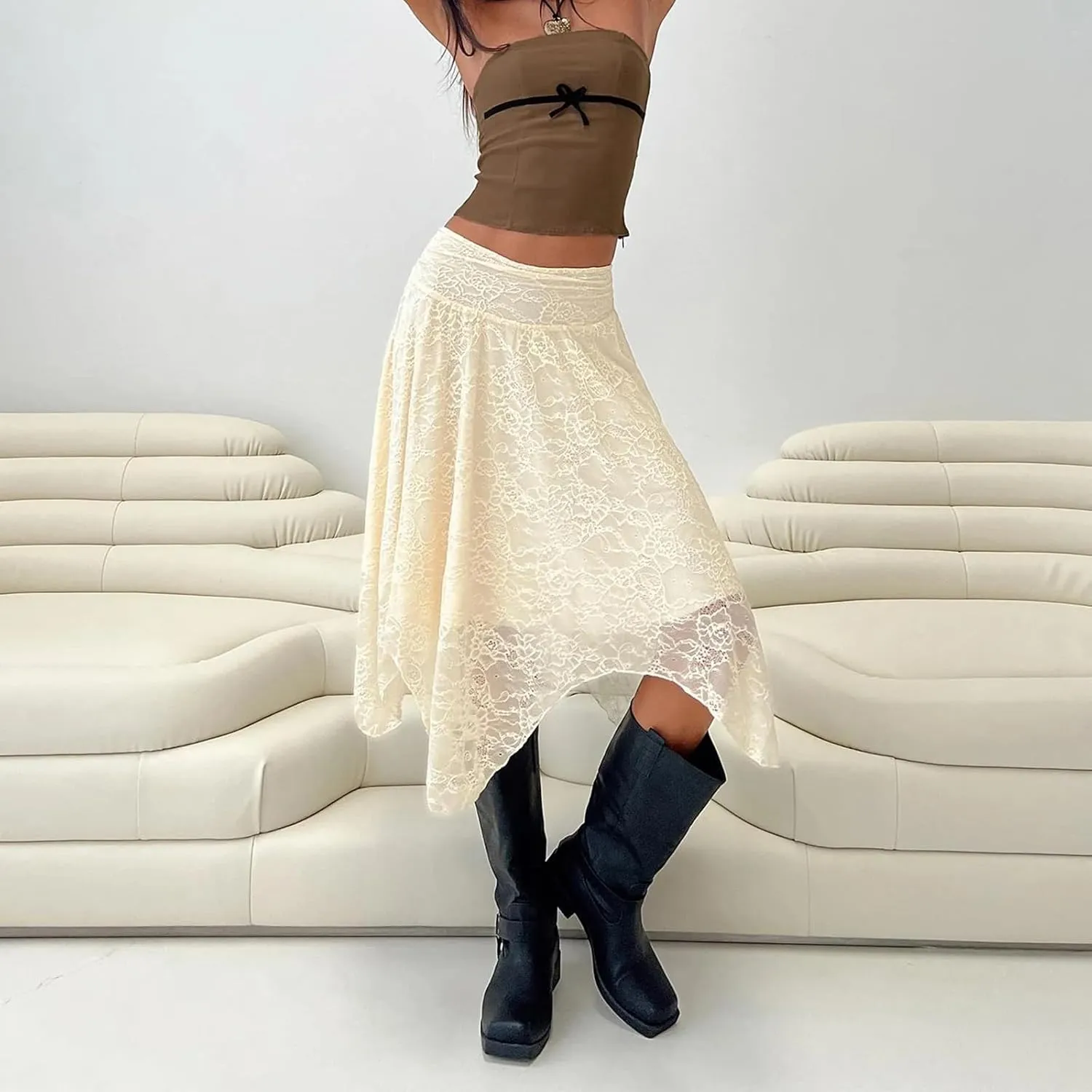 Women Y2k Lace Long Skirts High Waist Ruffle Hem Maxi Skirt Sexy See Through High Slit Flowy Skirts