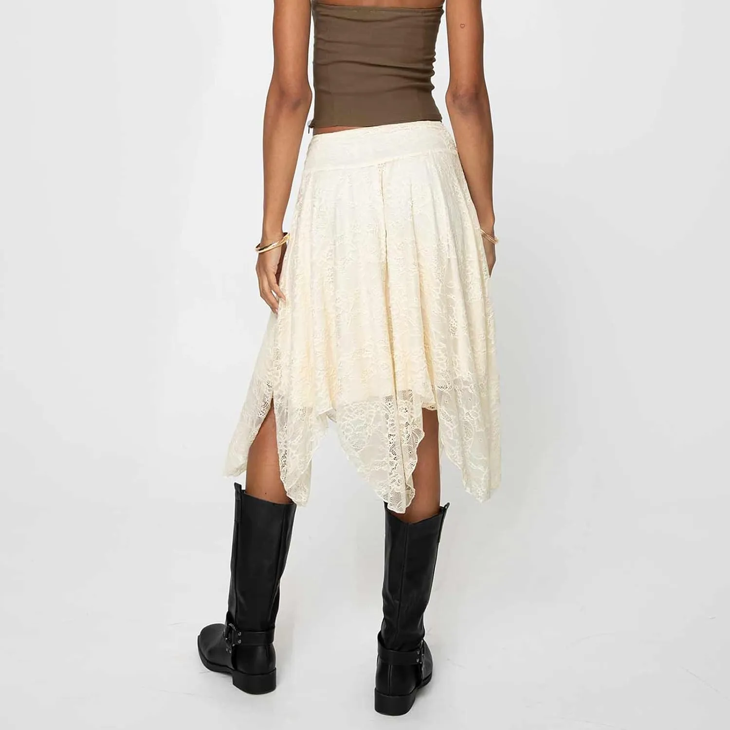 Women Y2k Lace Long Skirts High Waist Ruffle Hem Maxi Skirt Sexy See Through High Slit Flowy Skirts