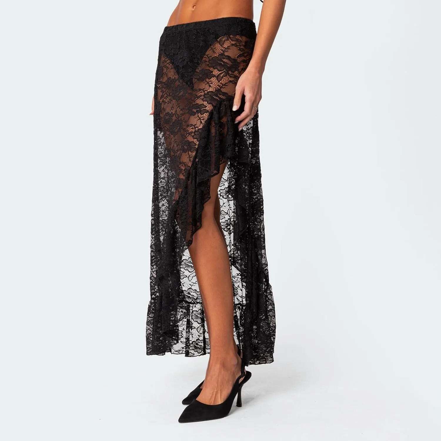 Women Y2k Lace Long Skirts High Waist Ruffle Hem Maxi Skirt Sexy See Through High Slit Flowy Skirts