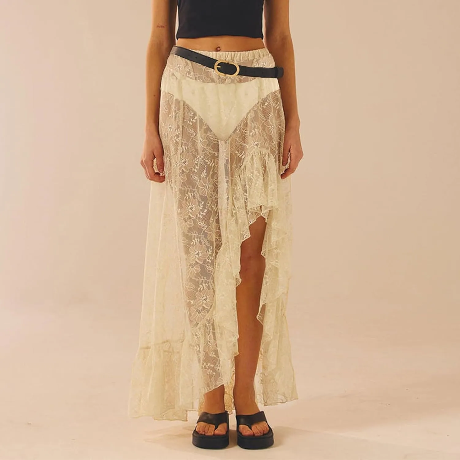 Women Y2k Lace Long Skirts High Waist Ruffle Hem Maxi Skirt Sexy See Through High Slit Flowy Skirts