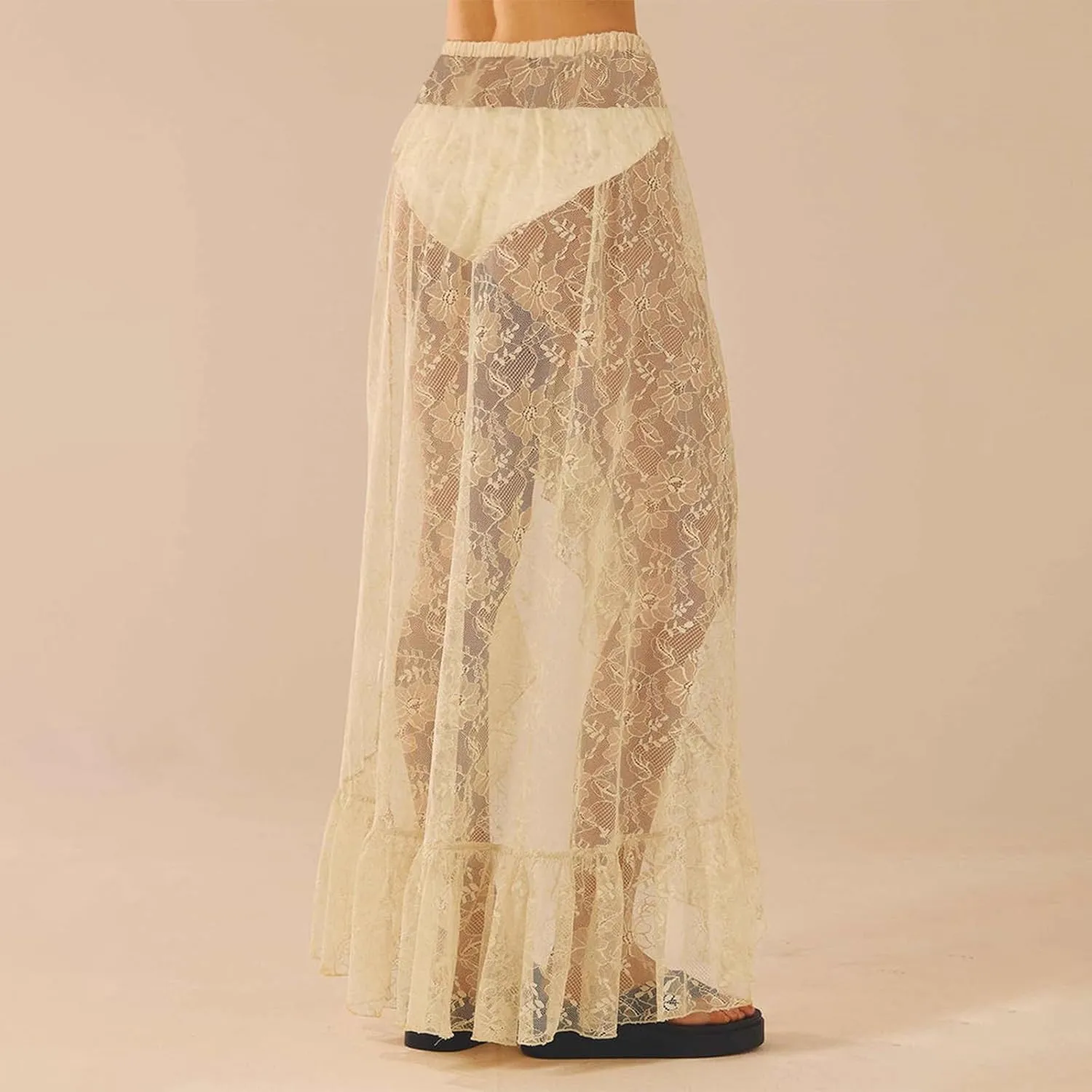 Women Y2k Lace Long Skirts High Waist Ruffle Hem Maxi Skirt Sexy See Through High Slit Flowy Skirts
