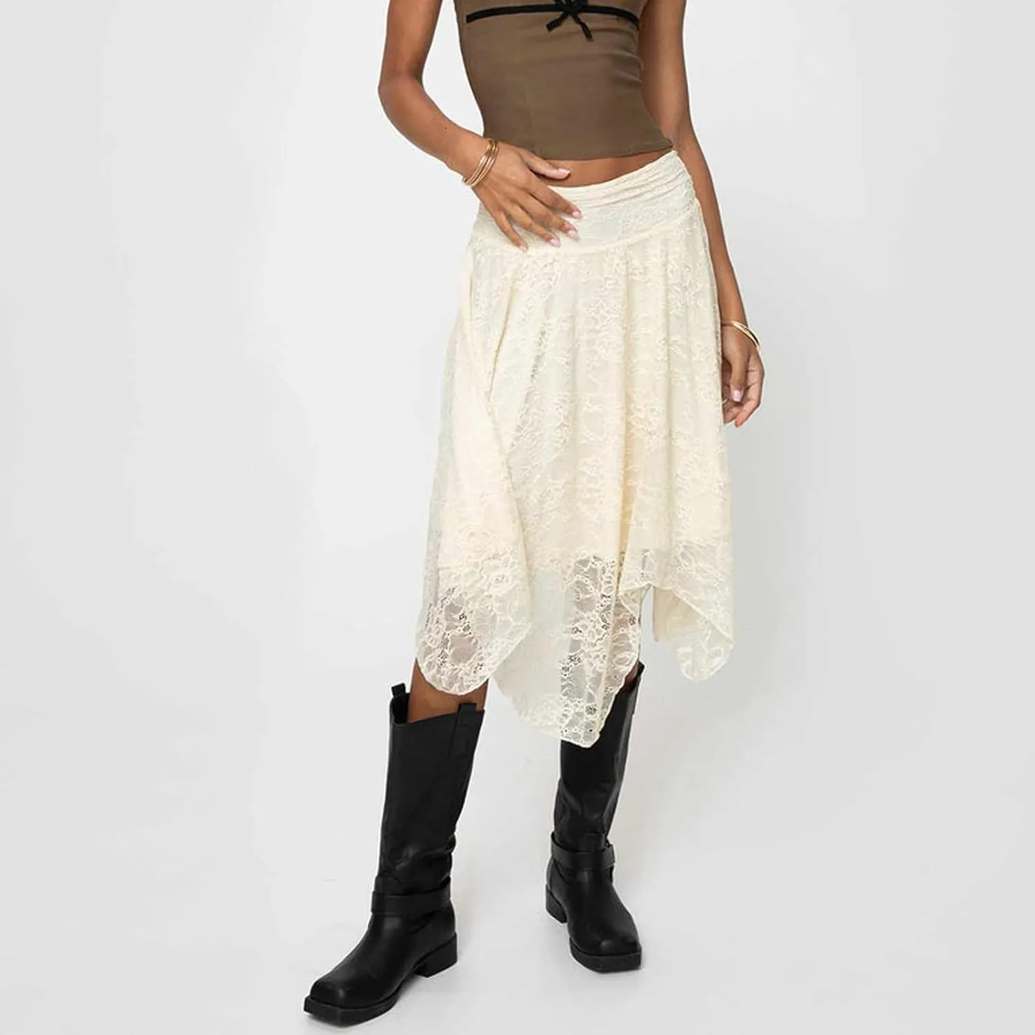 Women Y2k Lace Long Skirts High Waist Ruffle Hem Maxi Skirt Sexy See Through High Slit Flowy Skirts