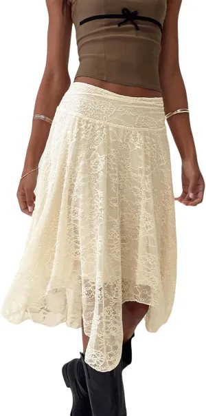 Women Y2k Lace Long Skirts High Waist Ruffle Hem Maxi Skirt Sexy See Through High Slit Flowy Skirts