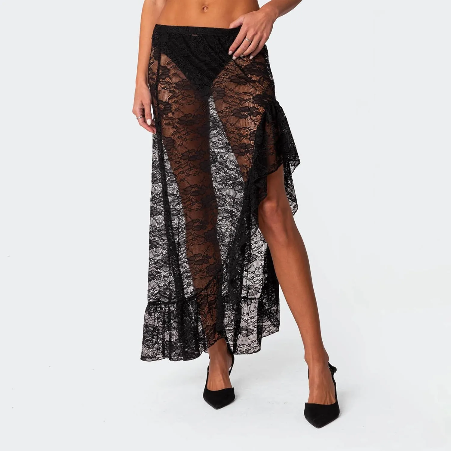 Women Y2k Lace Long Skirts High Waist Ruffle Hem Maxi Skirt Sexy See Through High Slit Flowy Skirts