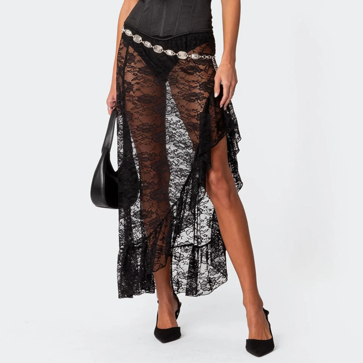 Women Y2k Lace Long Skirts High Waist Ruffle Hem Maxi Skirt Sexy See Through High Slit Flowy Skirts