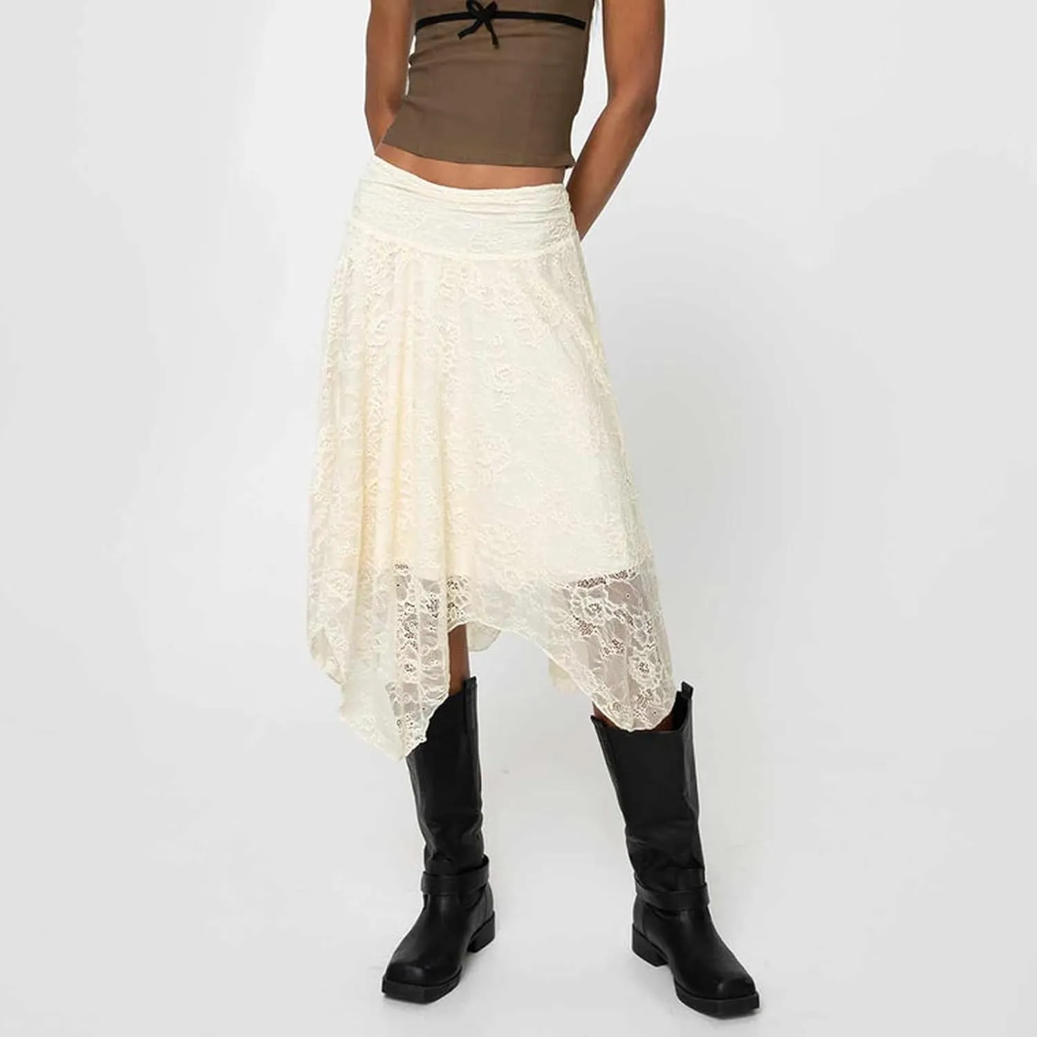 Women Y2k Lace Long Skirts High Waist Ruffle Hem Maxi Skirt Sexy See Through High Slit Flowy Skirts