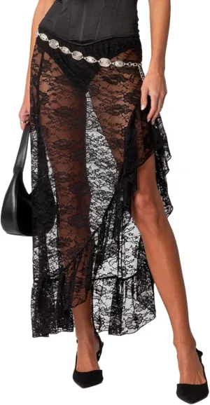 Women Y2k Lace Long Skirts High Waist Ruffle Hem Maxi Skirt Sexy See Through High Slit Flowy Skirts