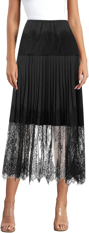 Women Y2k Lace Mini Skirts Mesh Lace Trim Pleated Ruffle Slips Skirts Tiered Low Rise Flowy Midi Skirt Underskirt