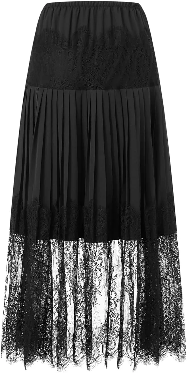 Women Y2k Lace Mini Skirts Mesh Lace Trim Pleated Ruffle Slips Skirts Tiered Low Rise Flowy Midi Skirt Underskirt