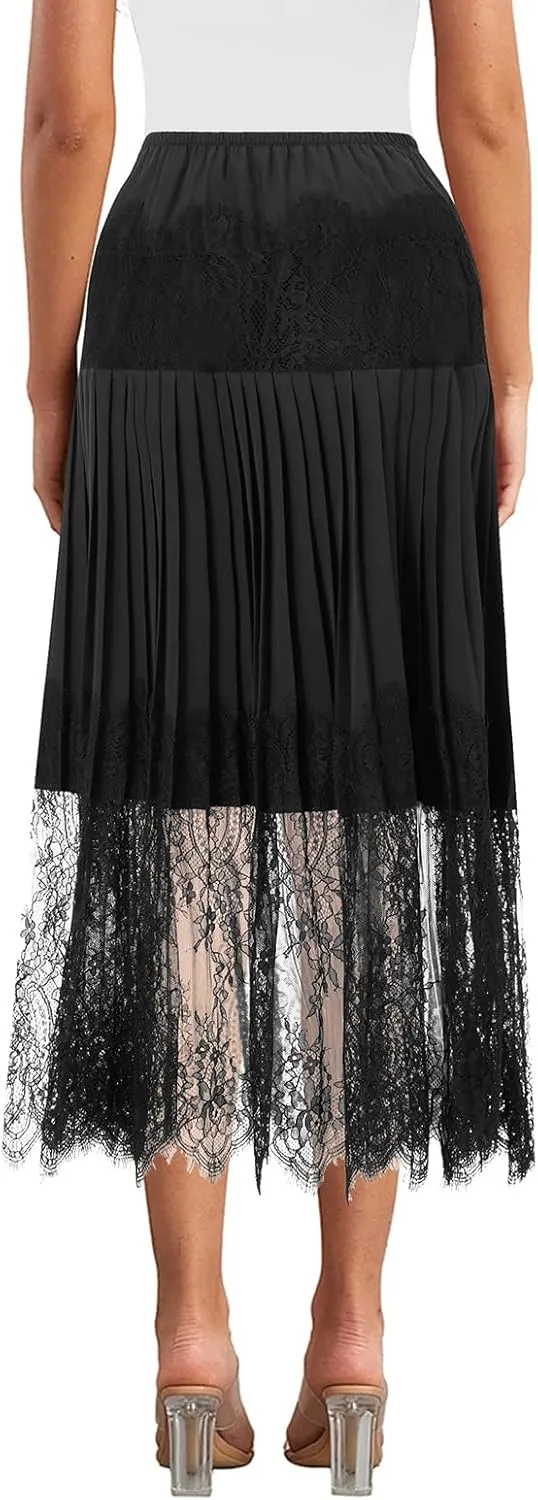 Women Y2k Lace Mini Skirts Mesh Lace Trim Pleated Ruffle Slips Skirts Tiered Low Rise Flowy Midi Skirt Underskirt