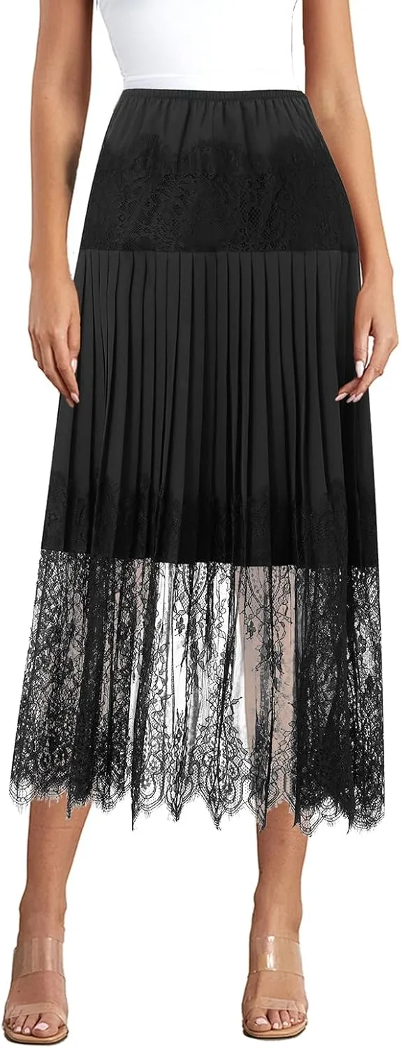 Women Y2k Lace Mini Skirts Mesh Lace Trim Pleated Ruffle Slips Skirts Tiered Low Rise Flowy Midi Skirt Underskirt