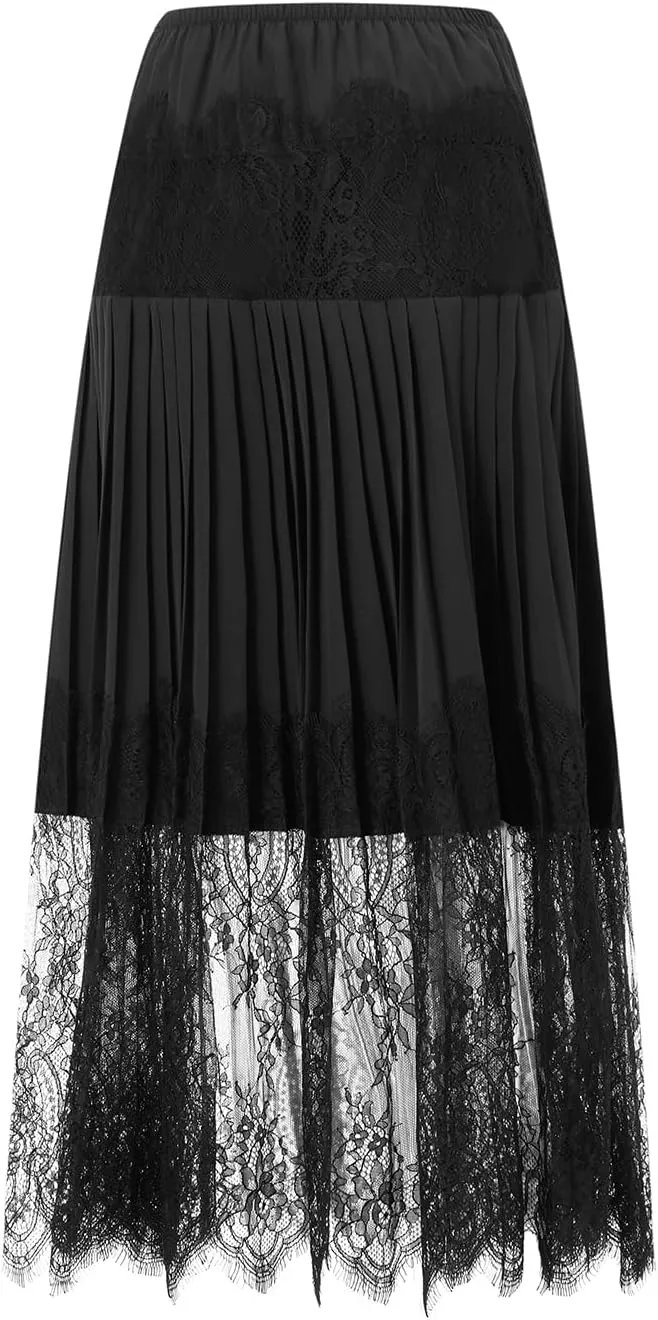 Women Y2k Lace Mini Skirts Mesh Lace Trim Pleated Ruffle Slips Skirts Tiered Low Rise Flowy Midi Skirt Underskirt