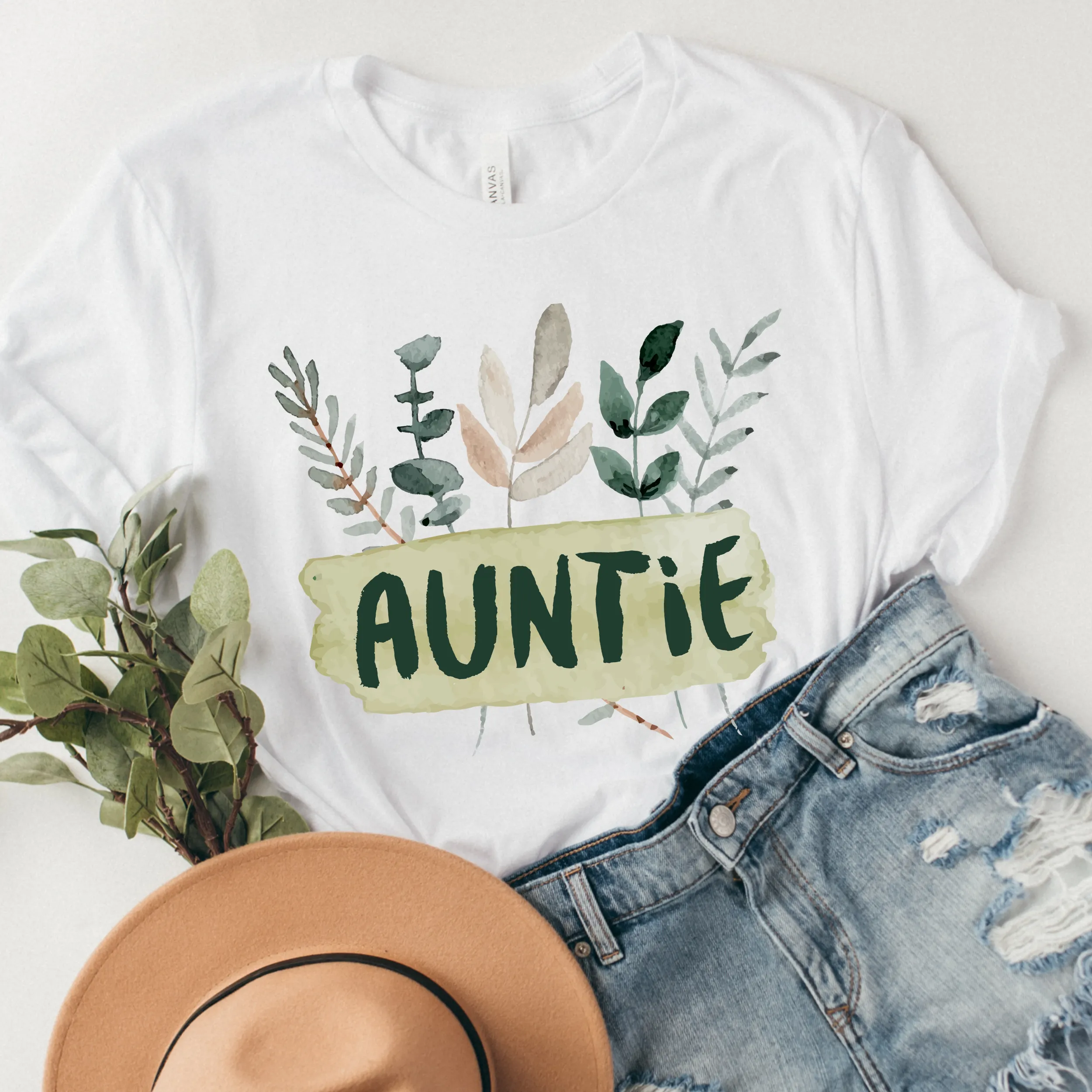 Women's Auntie Crewneck Sweatshirt or T-Shirt Pretty Hand-Drawn Watercolor Auntie Design Gift for Aunt Shirt