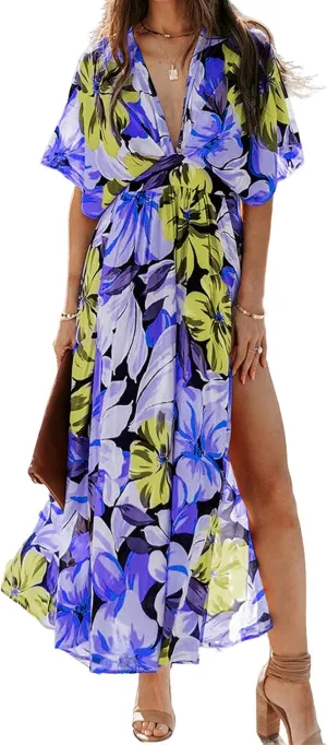 Women's Bohemian Dress Beach Floral Sundress Flowy Boho Midi Dresses Print Side Slit Deep V-Neck Vacation Long Skirts