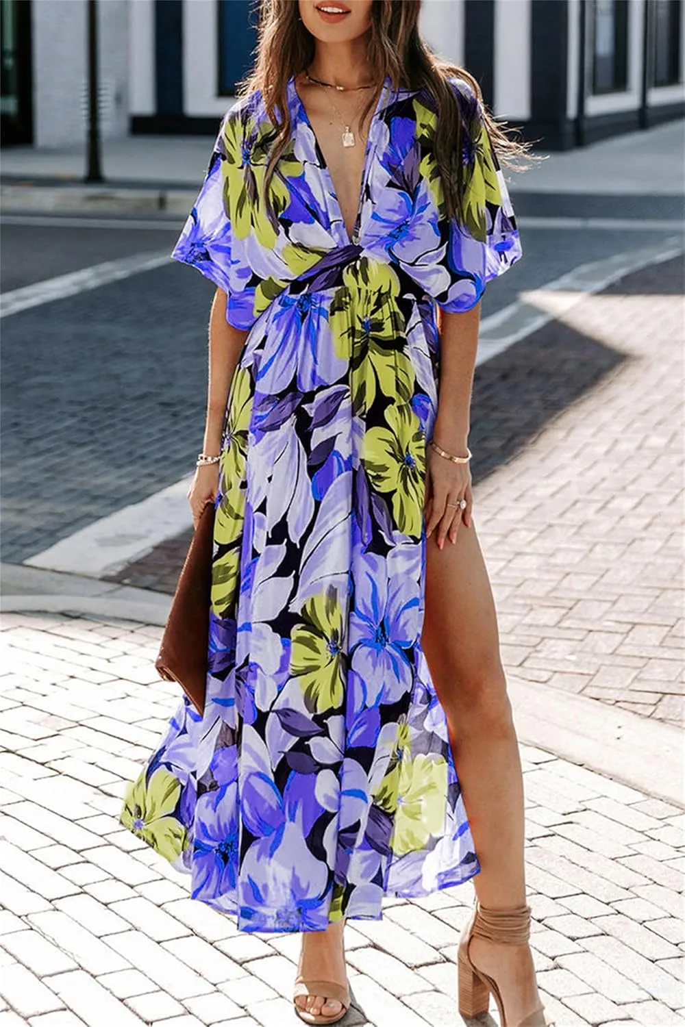 Women's Bohemian Dress Beach Floral Sundress Flowy Boho Midi Dresses Print Side Slit Deep V-Neck Vacation Long Skirts