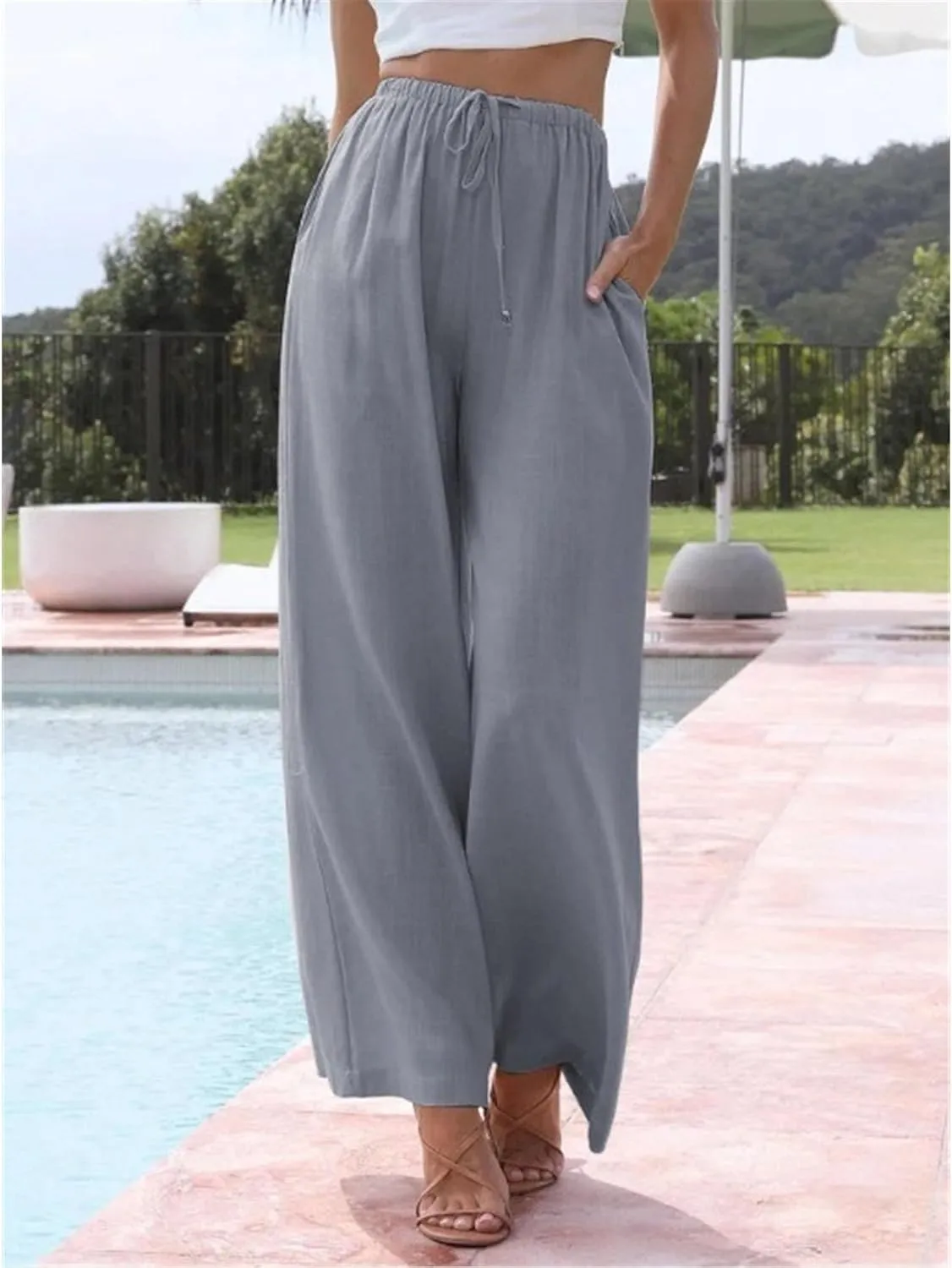 Women's Cotton Linen Summer Pants Flowy Wide Leg Beach Trousers