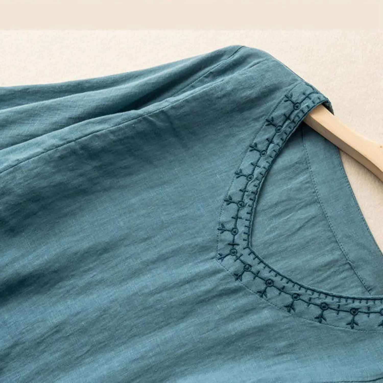 Womens Embroidered Shirts Solid Color Short Sleeve Linen Summer Casual Fashion Blouse Tops Loose T-Shirt