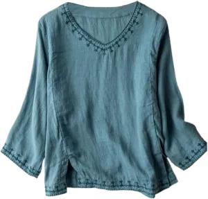 Womens Embroidered Shirts Solid Color Short Sleeve Linen Summer Casual Fashion Blouse Tops Loose T-Shirt