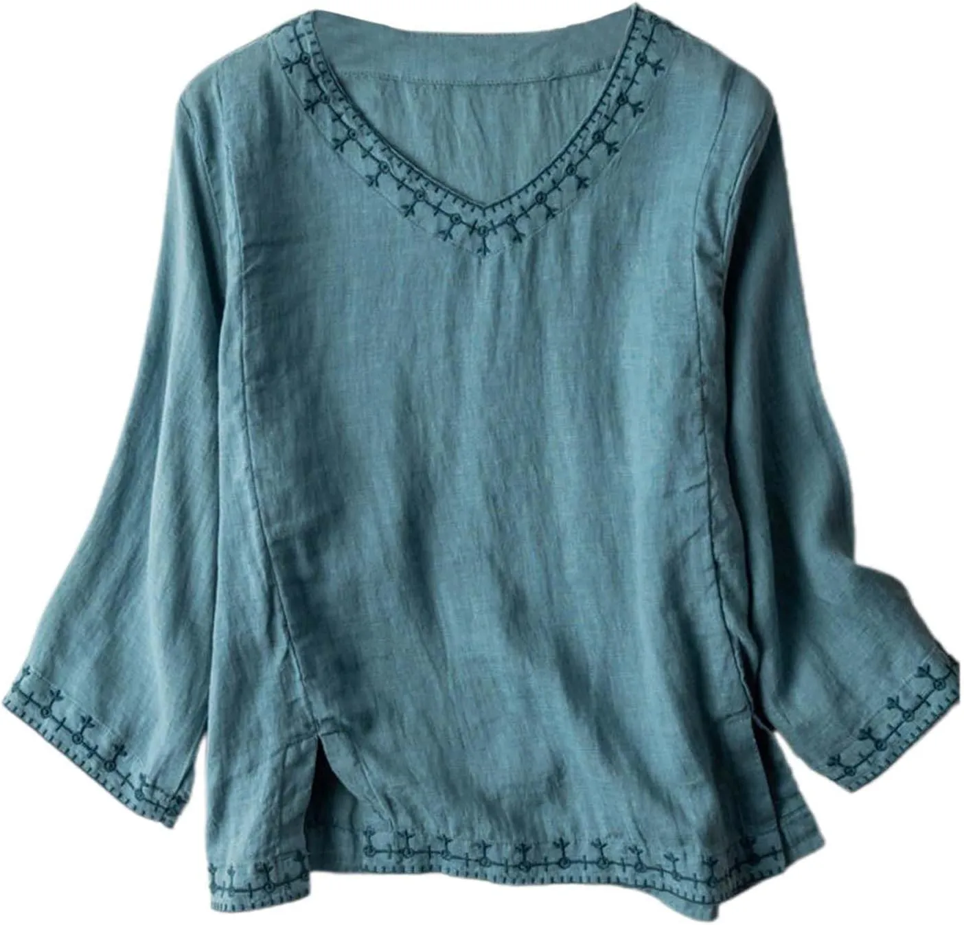Womens Embroidered Shirts Solid Color Short Sleeve Linen Summer Casual Fashion Blouse Tops Loose T-Shirt