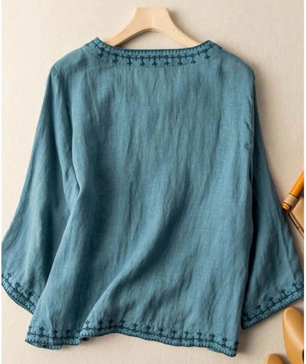 Womens Embroidered Shirts Solid Color Short Sleeve Linen Summer Casual Fashion Blouse Tops Loose T-Shirt
