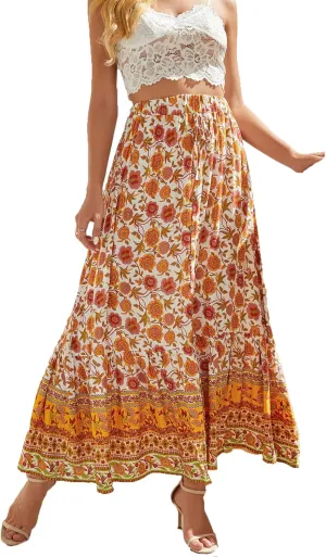 Women's Floral Boho Maxi Skirt Elastic High Waist Flowy A Line Bohemian Long Skirt