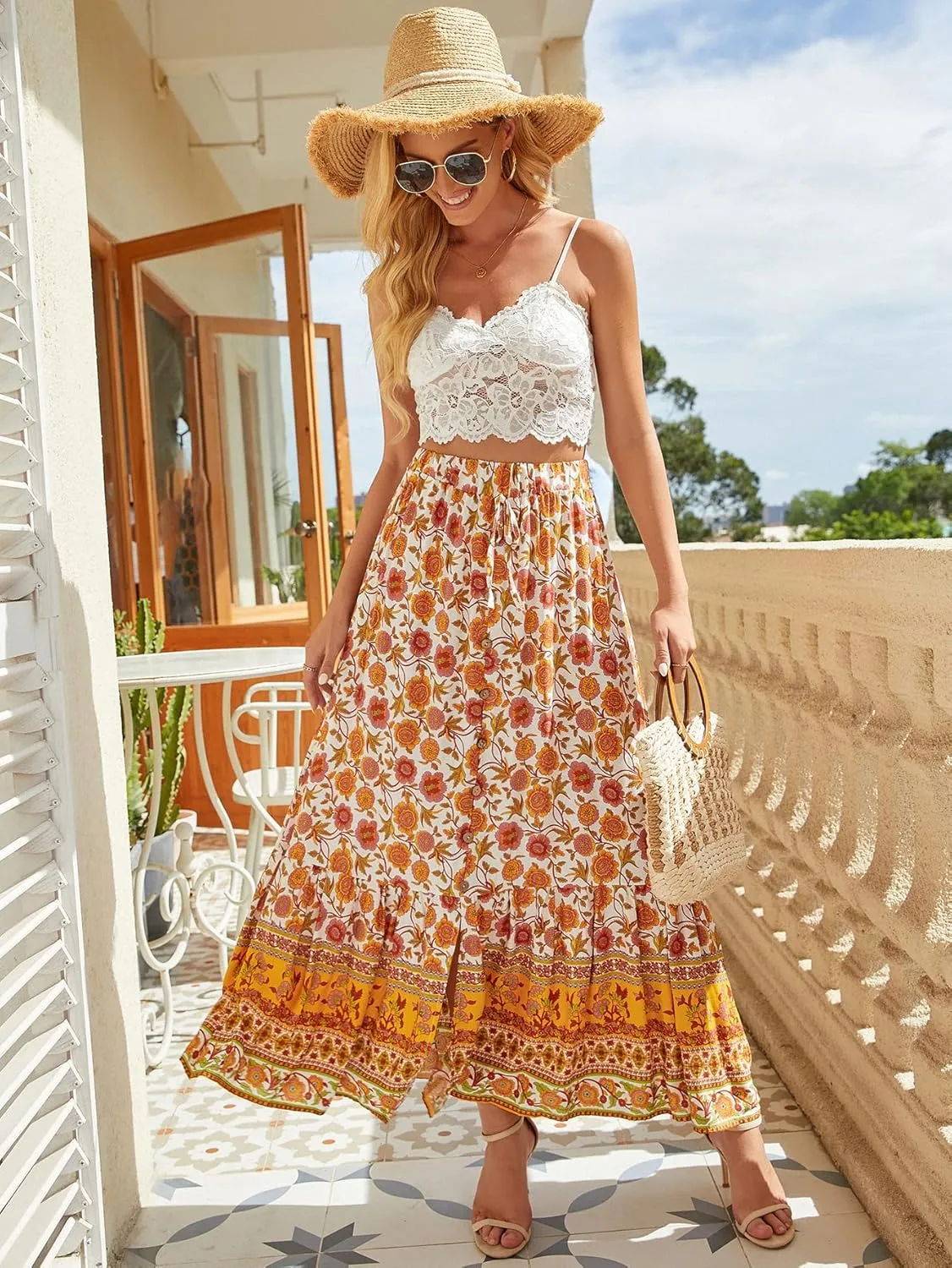 Women's Floral Boho Maxi Skirt Elastic High Waist Flowy A Line Bohemian Long Skirt