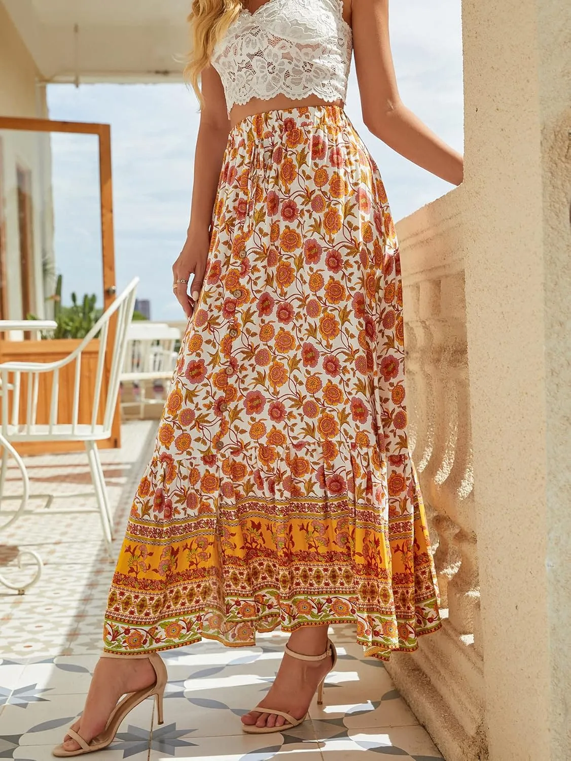 Women's Floral Boho Maxi Skirt Elastic High Waist Flowy A Line Bohemian Long Skirt