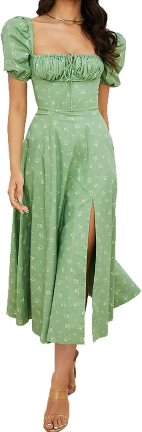 Women's Floral Midi Dress Summer Flowy Boho Dresses Beach Sundress Backless Split Long Skirts Vacation Party Outfits