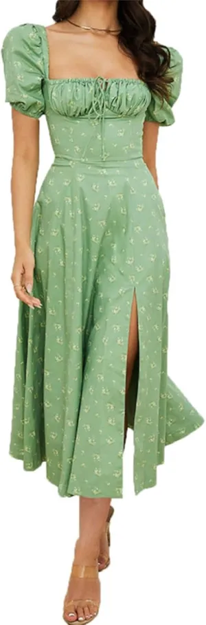 Women's Floral Midi Dress Summer Flowy Boho Dresses Beach Sundress Backless Split Long Skirts Vacation Party Outfits