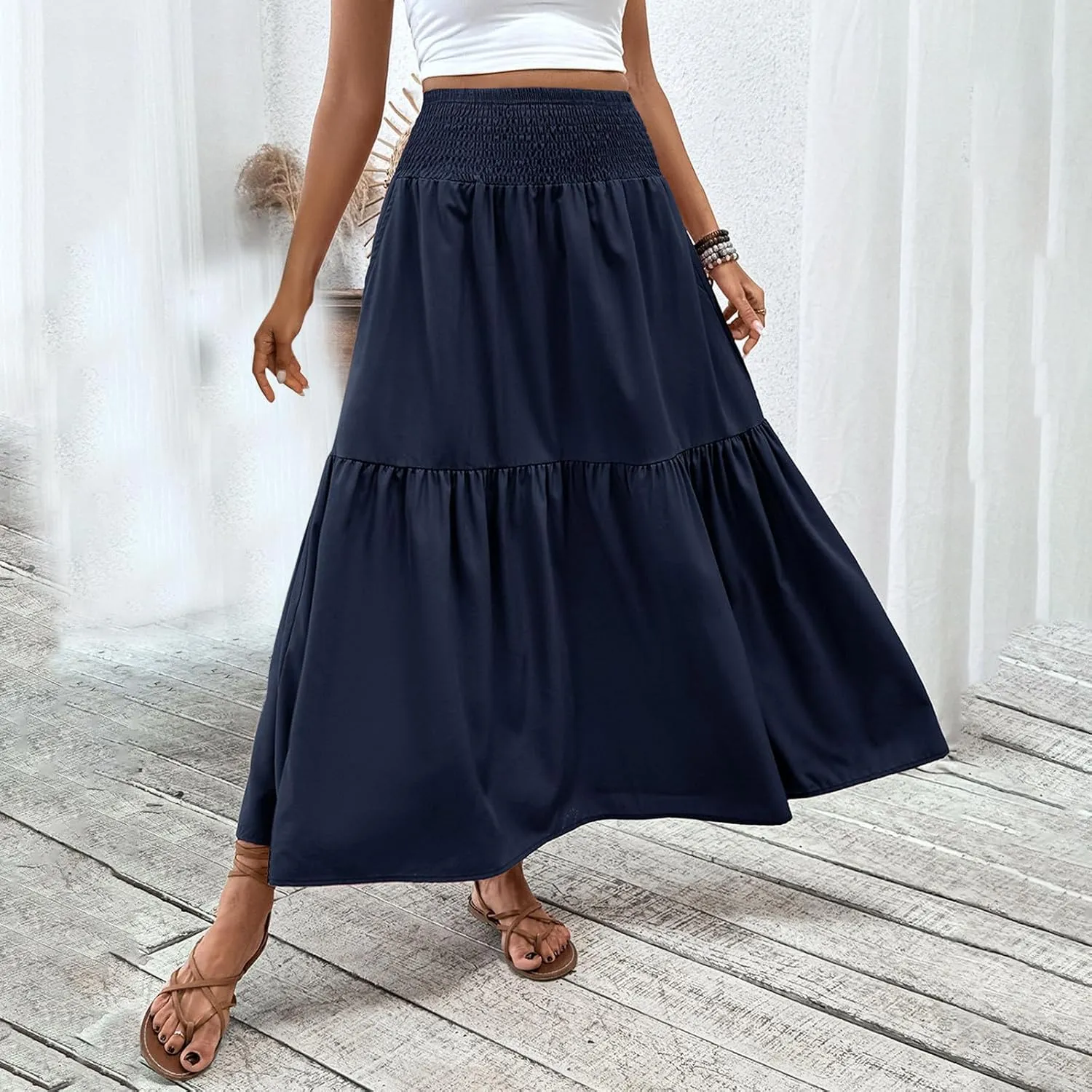 Women's High Elastic Waist Midi Skirt Casual Summer Trendy Tie Front Flowy Ruffle Floral Print A line Skirts