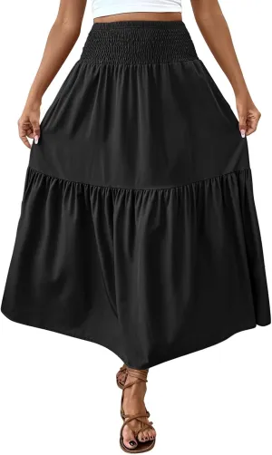 Women's High Elastic Waist Midi Skirt Casual Summer Trendy Tie Front Flowy Ruffle Floral Print A line Skirts