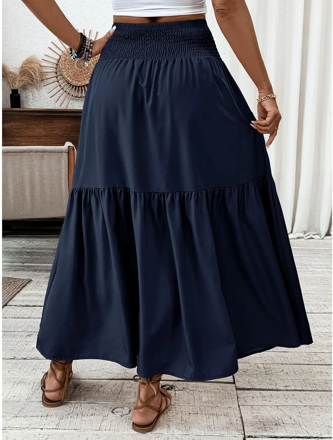 Women's High Elastic Waist Midi Skirt Casual Summer Trendy Tie Front Flowy Ruffle Floral Print A line Skirts