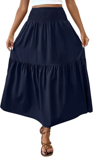 Women's High Elastic Waist Midi Skirt Casual Summer Trendy Tie Front Flowy Ruffle Floral Print A line Skirts