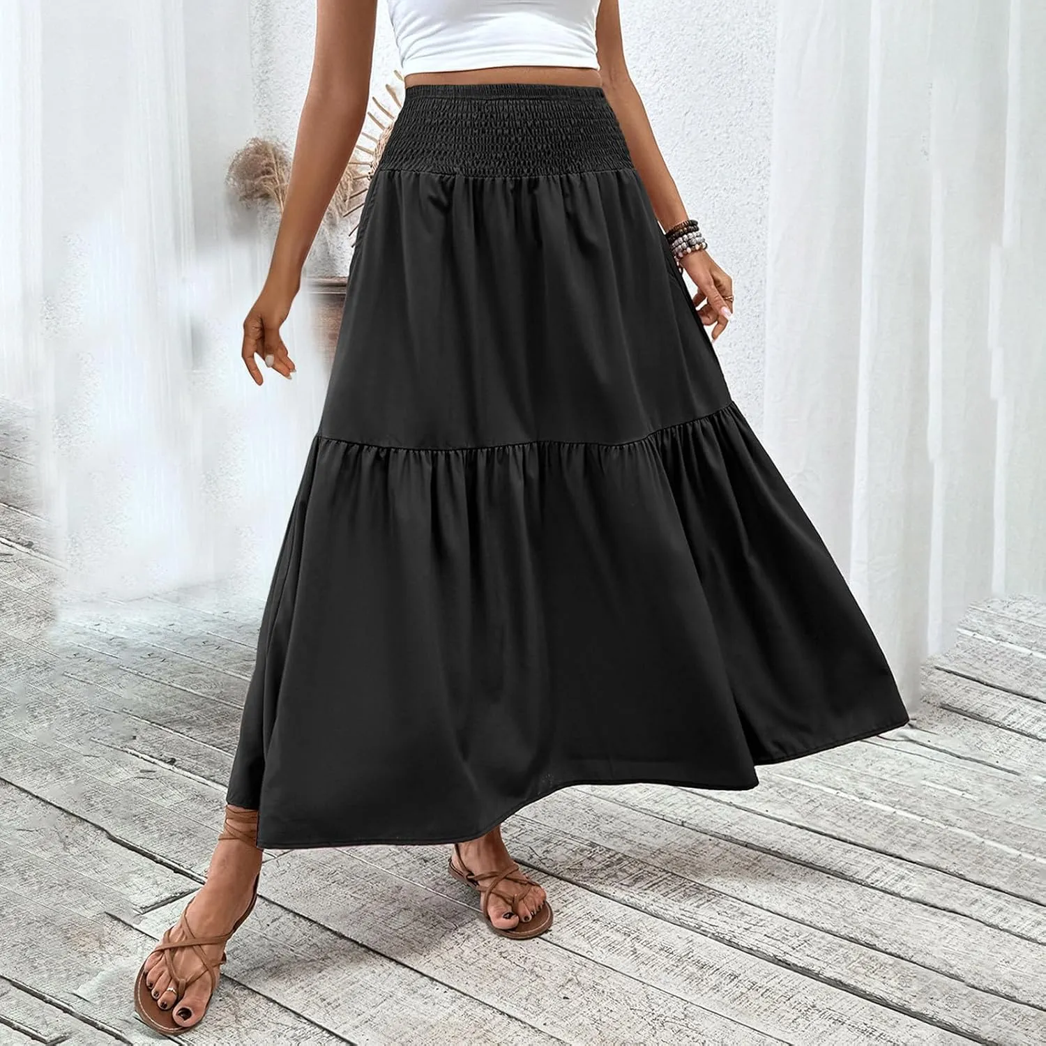Women's High Elastic Waist Midi Skirt Casual Summer Trendy Tie Front Flowy Ruffle Floral Print A line Skirts