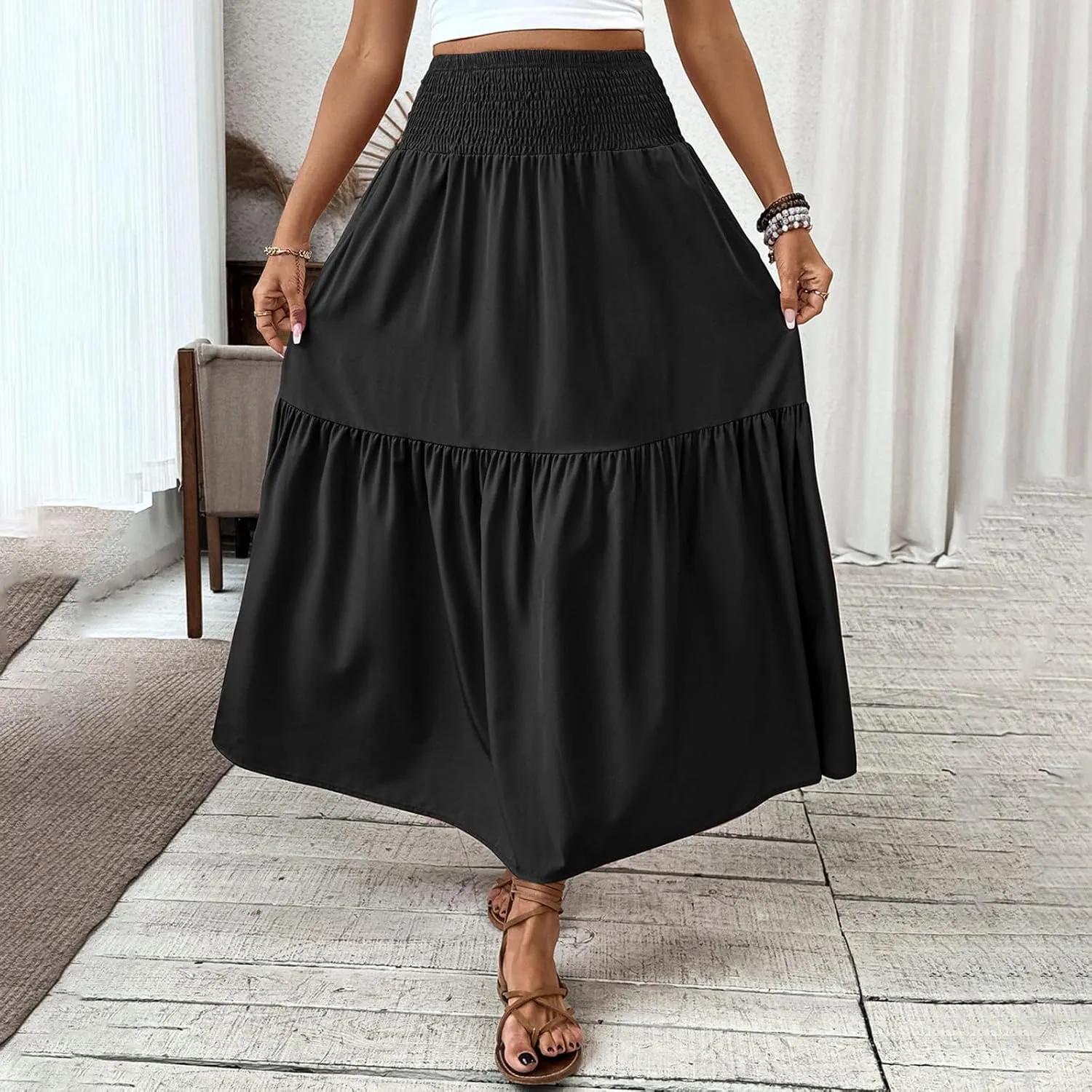 Women's High Elastic Waist Midi Skirt Casual Summer Trendy Tie Front Flowy Ruffle Floral Print A line Skirts