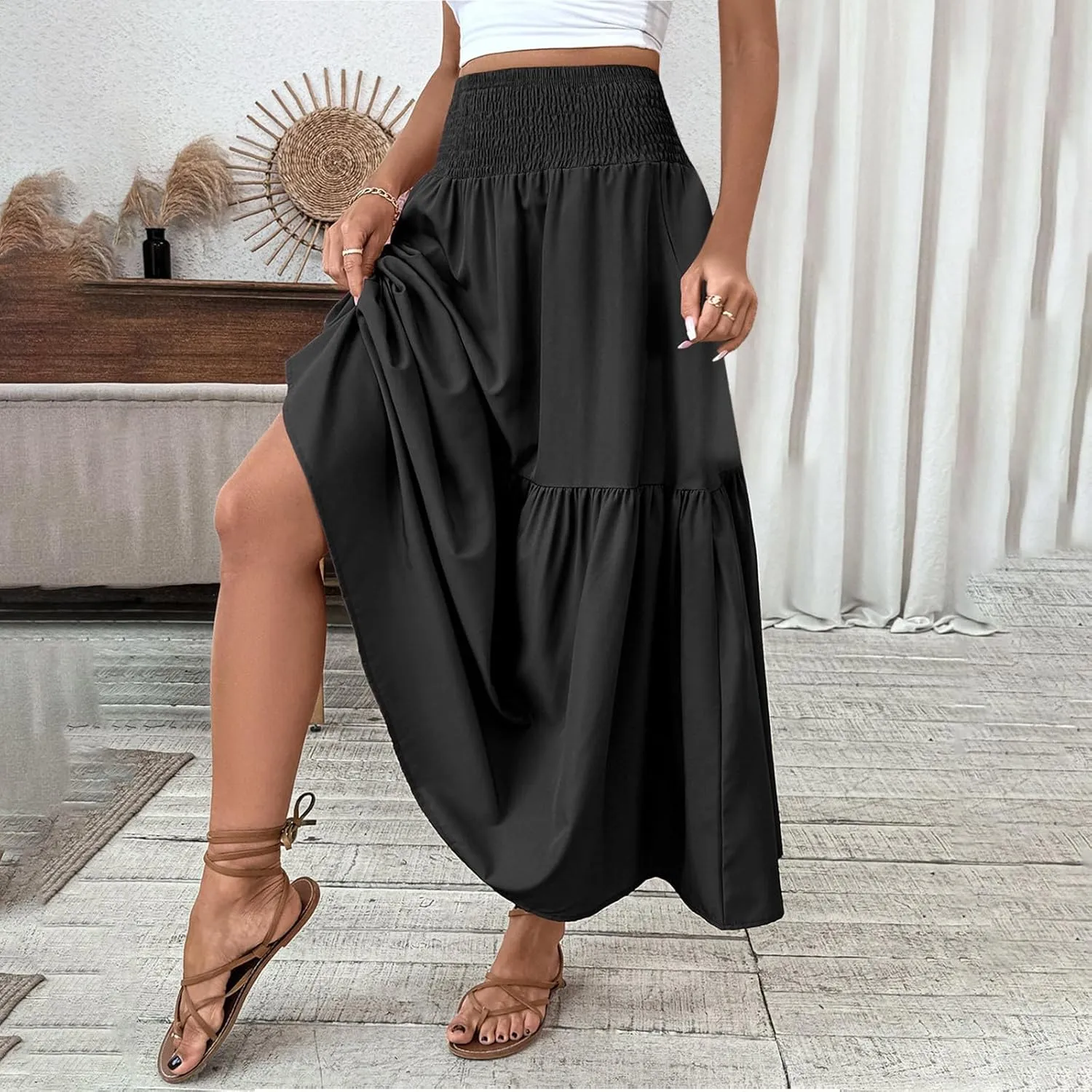 Women's High Elastic Waist Midi Skirt Casual Summer Trendy Tie Front Flowy Ruffle Floral Print A line Skirts