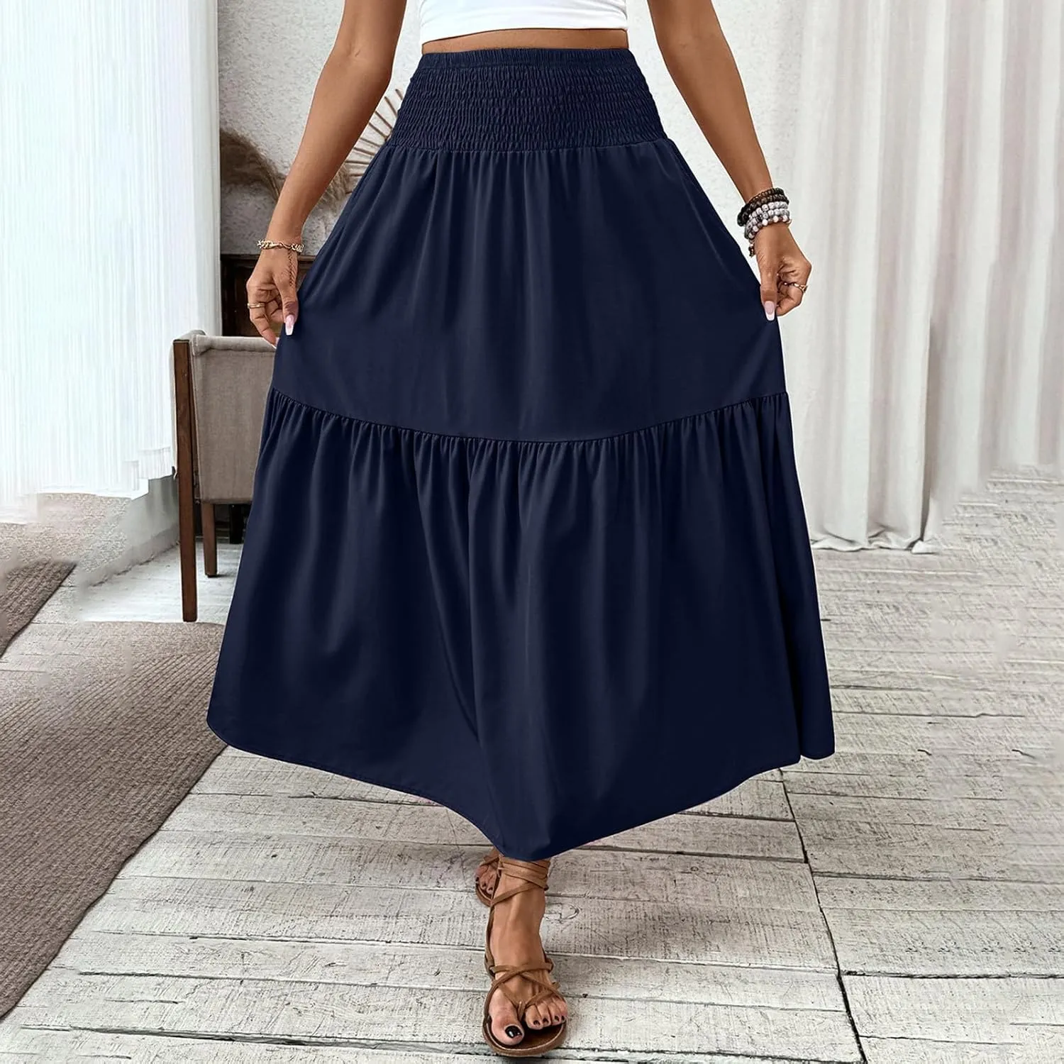 Women's High Elastic Waist Midi Skirt Casual Summer Trendy Tie Front Flowy Ruffle Floral Print A line Skirts