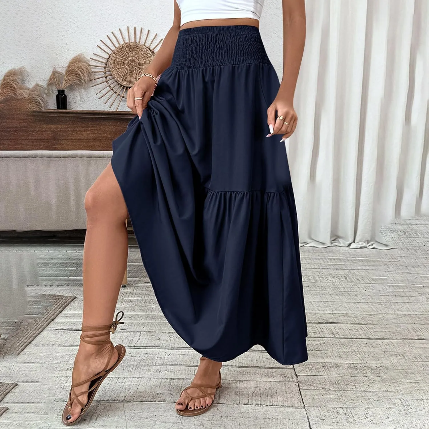 Women's High Elastic Waist Midi Skirt Casual Summer Trendy Tie Front Flowy Ruffle Floral Print A line Skirts
