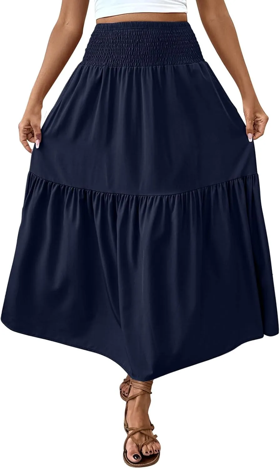 Women's High Elastic Waist Midi Skirt Casual Summer Trendy Tie Front Flowy Ruffle Floral Print A line Skirts