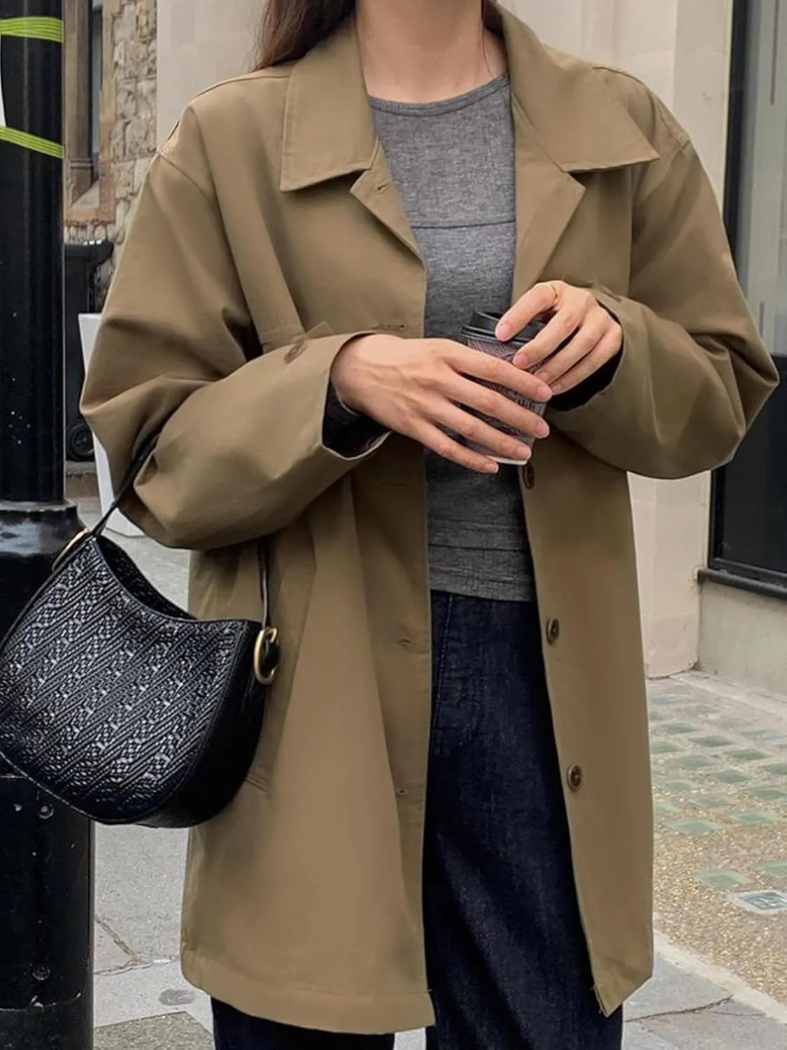 Women's Mid-Long Trench Coat Classic Lapel Collar Single-Breasted Slim Casual Windproof Overcoat